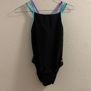 Speedo Kids One Piece Swimsuit in Black with Purple and Green Highlights
